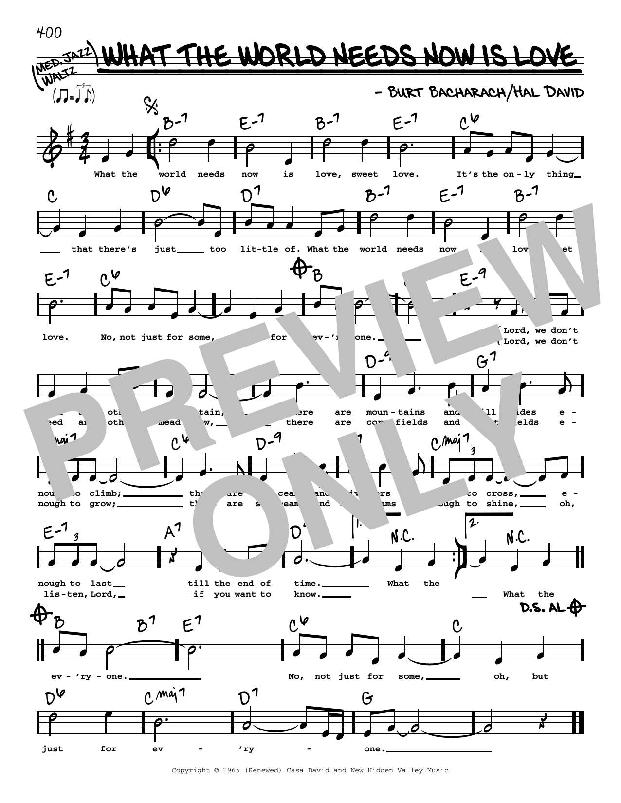 Bacharach & David What The World Needs Now Is Love (High Voice) sheet music notes and chords arranged for Real Book – Melody, Lyrics & Chords