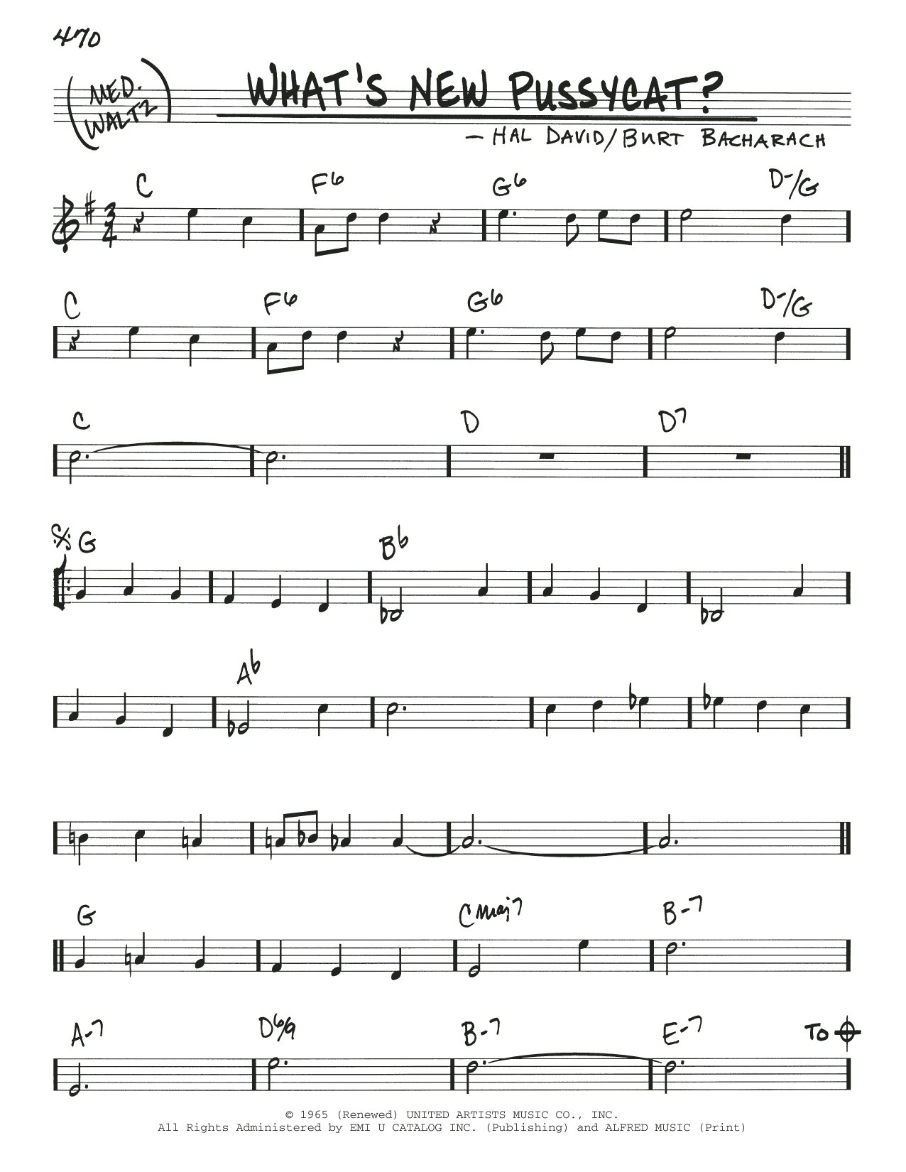 Bacharach & David What's New Pussycat? sheet music notes and chords arranged for Real Book – Melody & Chords