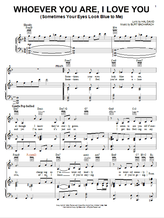 Bacharach & David Whoever You Are, I Love You (Sometimes Your Eyes Look Blue To Me) sheet music notes and chords arranged for Piano, Vocal & Guitar Chords (Right-Hand Melody)