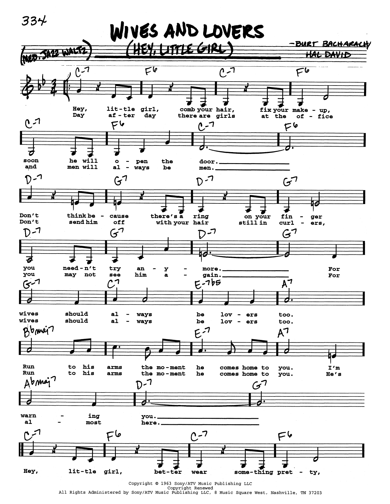 Bacharach & David Wives And Lovers (Hey, Little Girl) (Low Voice) sheet music notes and chords arranged for Real Book – Melody, Lyrics & Chords