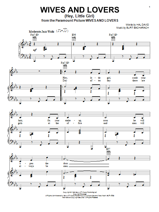 Bacharach & David Wives And Lovers (Hey, Little Girl) sheet music notes and chords arranged for Piano, Vocal & Guitar Chords (Right-Hand Melody)