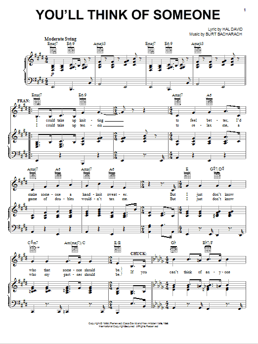 Bacharach & David You'll Think Of Someone sheet music notes and chords arranged for Piano, Vocal & Guitar Chords (Right-Hand Melody)