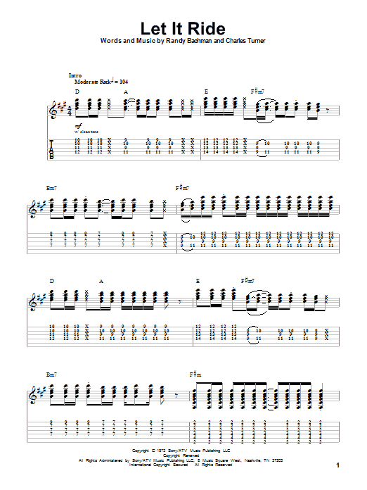 Bachman-Turner Overdrive Let It Ride sheet music notes and chords arranged for Piano, Vocal & Guitar Chords (Right-Hand Melody)