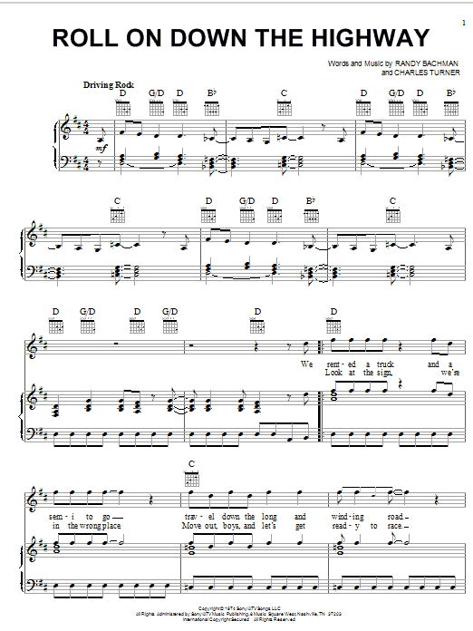 Bachman-Turner Overdrive Roll On Down The Highway sheet music notes and chords arranged for Piano, Vocal & Guitar Chords (Right-Hand Melody)