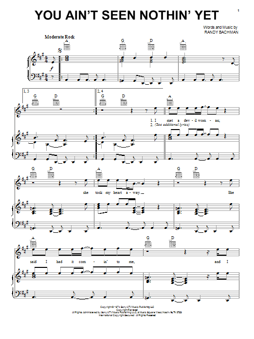 Bachman-Turner Overdrive You Ain't Seen Nothin' Yet sheet music notes and chords arranged for Easy Guitar Tab