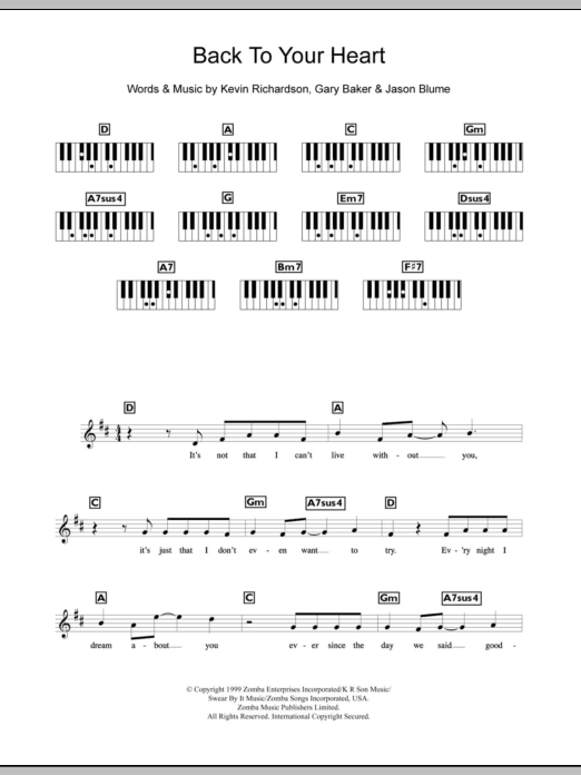 Backstreet Boys Back To Your Heart sheet music notes and chords arranged for Piano Chords/Lyrics