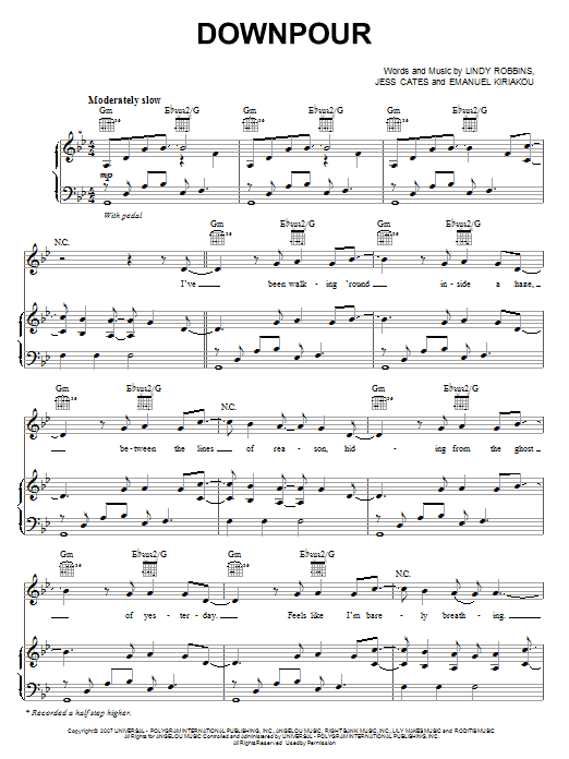 Backstreet Boys Downpour sheet music notes and chords arranged for Piano, Vocal & Guitar Chords (Right-Hand Melody)