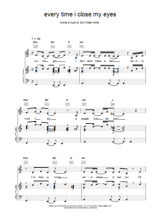 Backstreet Boys Every Time I Close My Eyes sheet music notes and chords arranged for Piano, Vocal & Guitar Chords