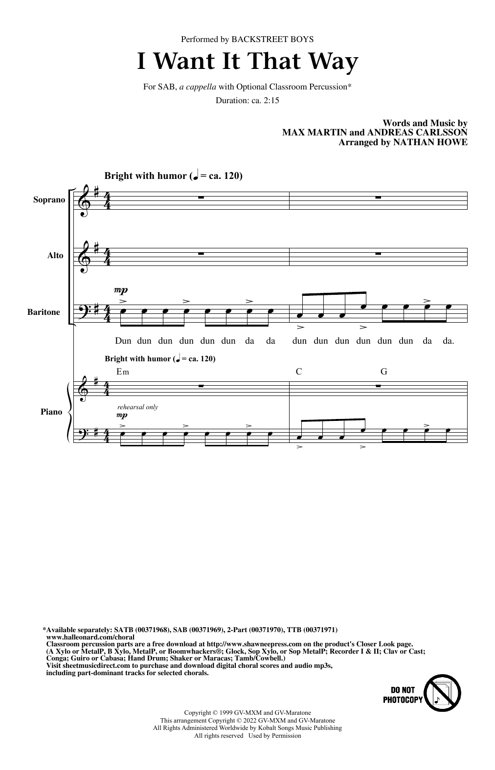 Backstreet Boys I Want It That Way (arr. Nathan Howe) sheet music notes and chords arranged for SAB Choir