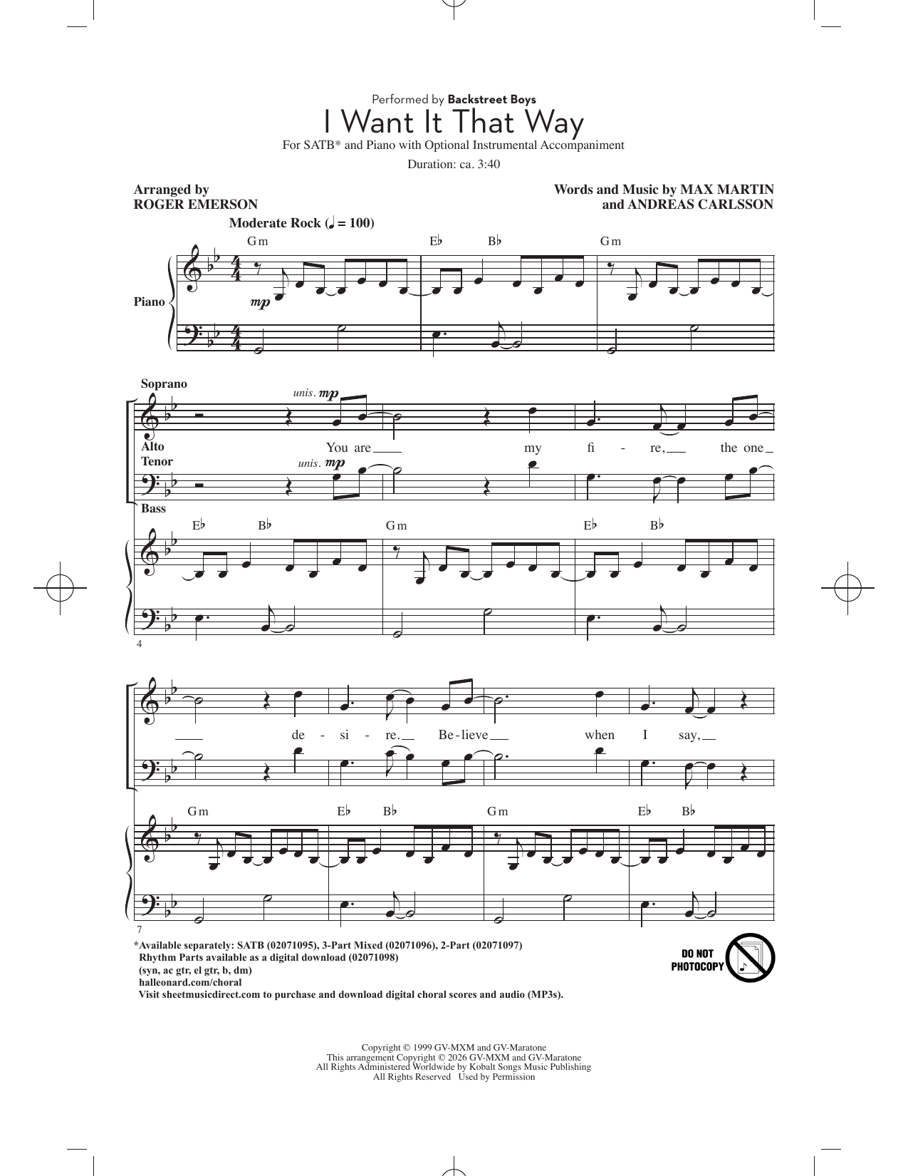 Backstreet Boys I Want It That Way (arr. Roger Emerson) sheet music notes and chords arranged for SATB Choir