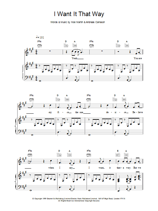 Backstreet Boys I Want It That Way sheet music notes and chords arranged for Piano, Vocal & Guitar Chords
