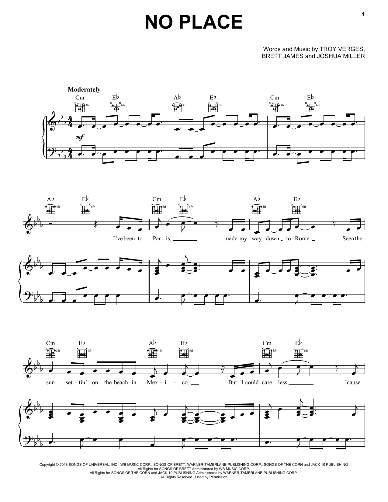 Backstreet Boys No Place sheet music notes and chords arranged for Piano, Vocal & Guitar Chords (Right-Hand Melody)