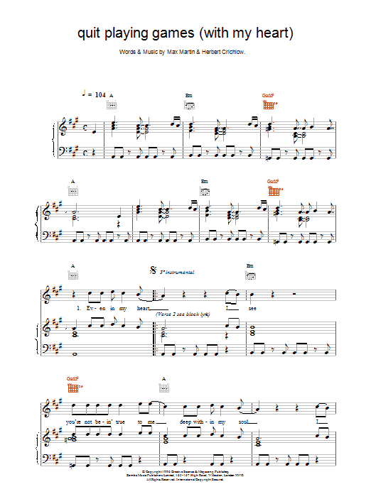 Backstreet Boys Quit Playing Games (With My Heart) sheet music notes and chords arranged for Piano, Vocal & Guitar Chords
