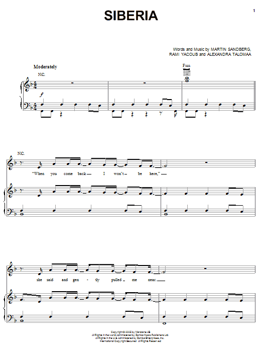 Backstreet Boys Siberia sheet music notes and chords arranged for Piano, Vocal & Guitar Chords (Right-Hand Melody)