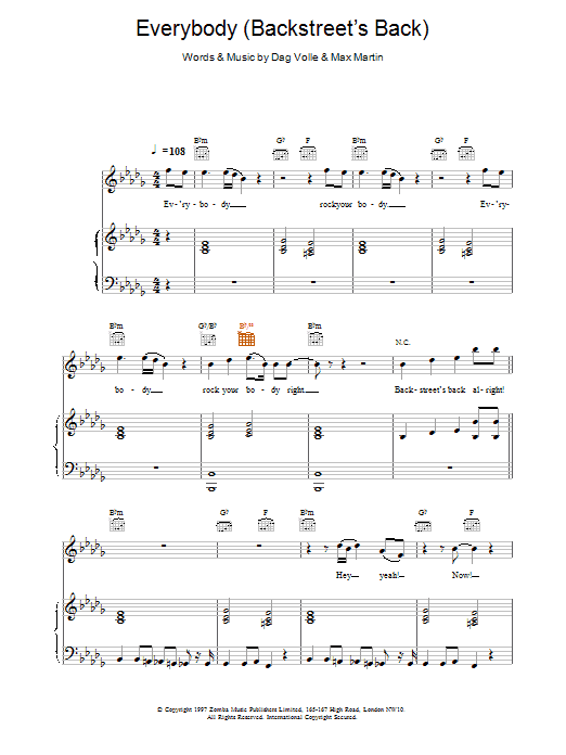 Backstreet Boys Everybody (Backstreet's Back) sheet music notes and chords arranged for Piano, Vocal & Guitar Chords