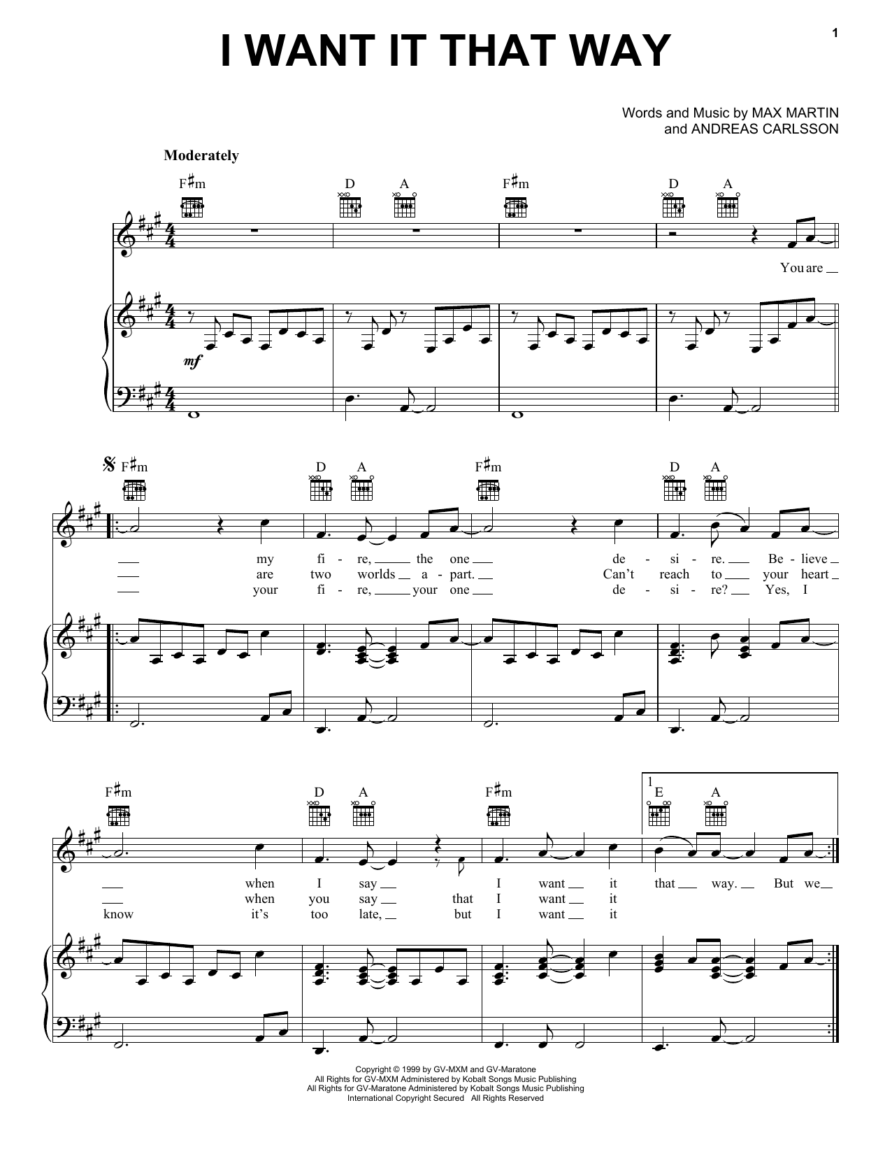 Backstreet Boys I Want It That Way sheet music notes and chords arranged for Real Book – Melody, Lyrics & Chords