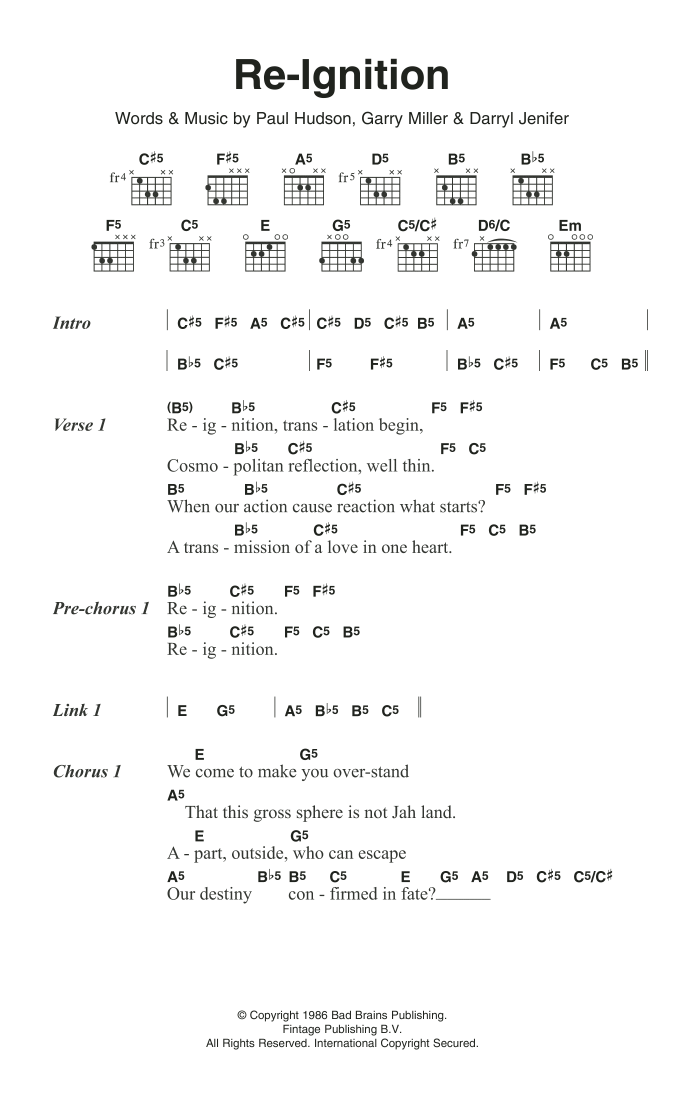 Bad Brains Re-Ignition sheet music notes and chords arranged for Guitar Chords/Lyrics