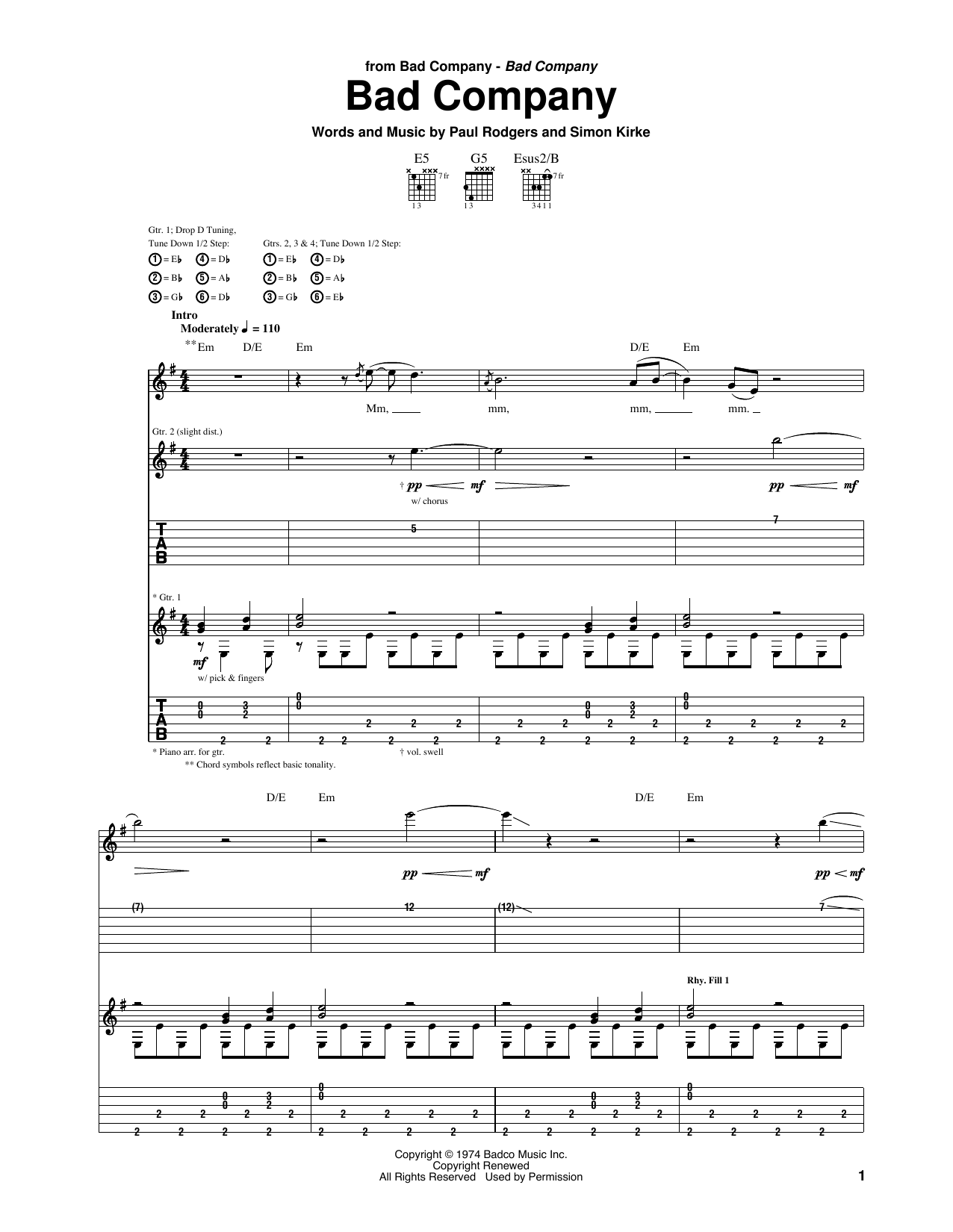 Bad Company Bad Company sheet music notes and chords arranged for Guitar Tab