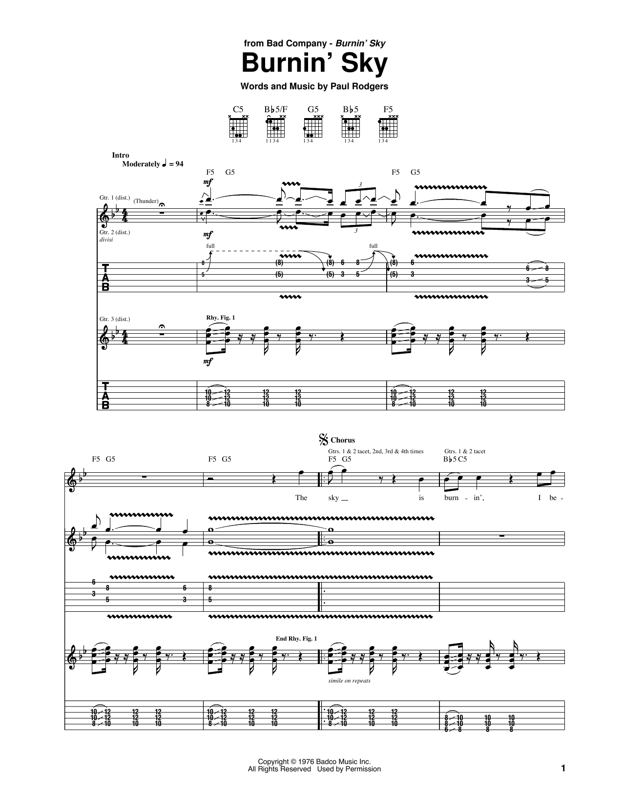 Bad Company Burnin' Sky sheet music notes and chords arranged for Guitar Tab