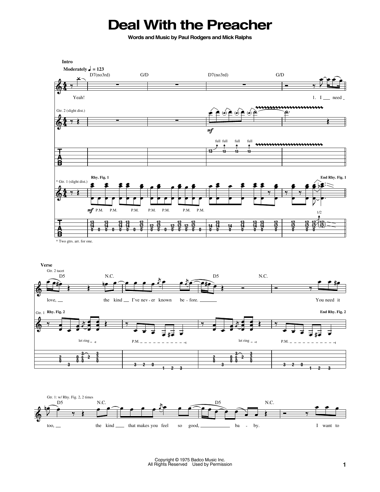 Bad Company Deal With The Preacher sheet music notes and chords arranged for Guitar Tab