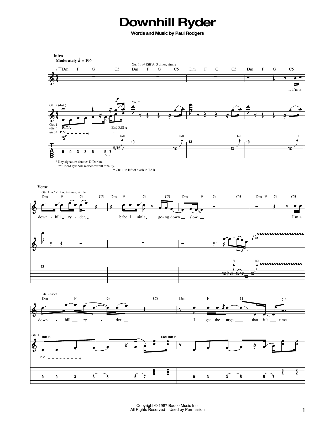 Bad Company Downhill Ryder sheet music notes and chords arranged for Guitar Tab