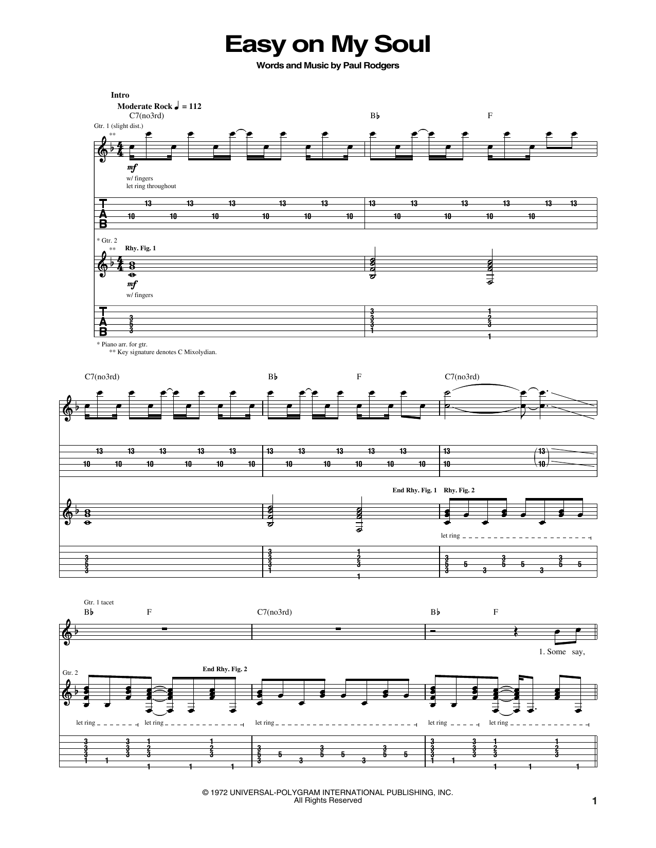Bad Company Easy On My Soul sheet music notes and chords arranged for Guitar Tab