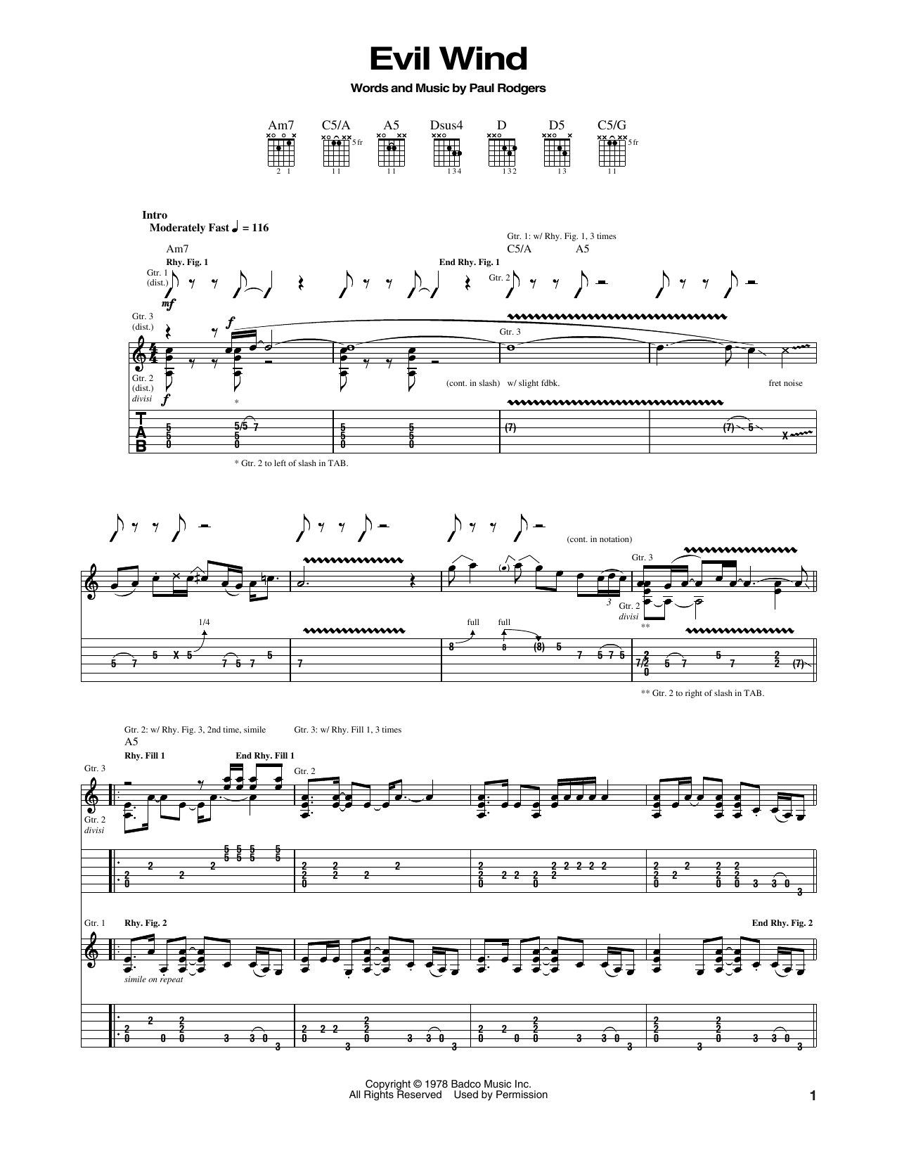 Bad Company Evil Wind sheet music notes and chords arranged for Guitar Tab