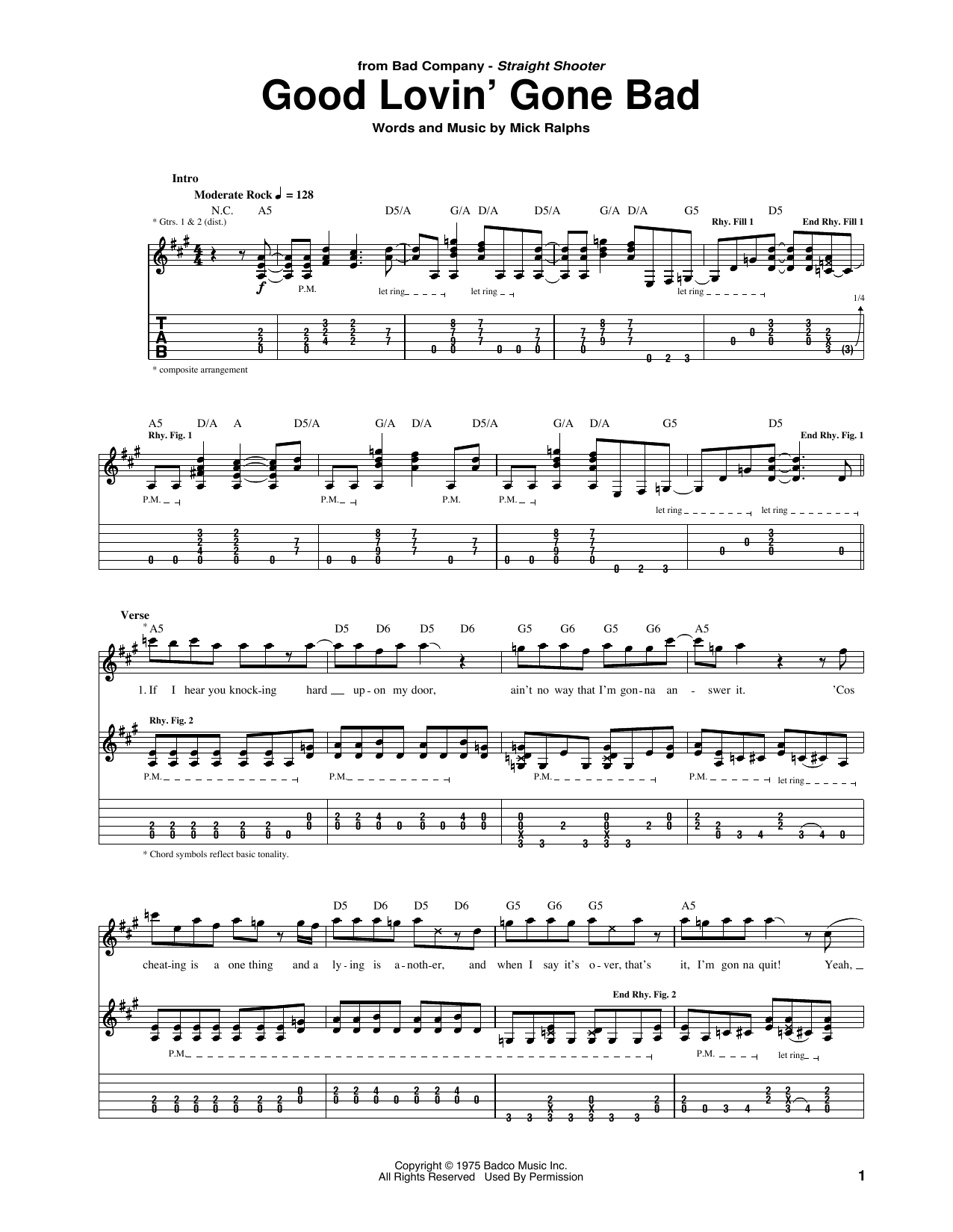 Bad Company Good Lovin' Gone Bad sheet music notes and chords arranged for Guitar Tab