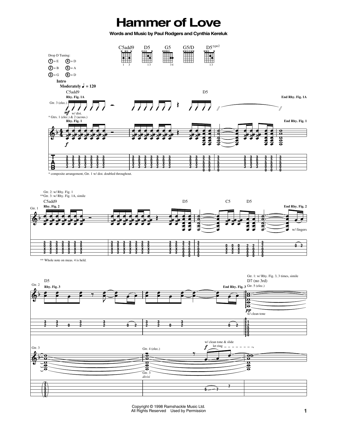 Bad Company Hammer Of Love sheet music notes and chords arranged for Guitar Tab