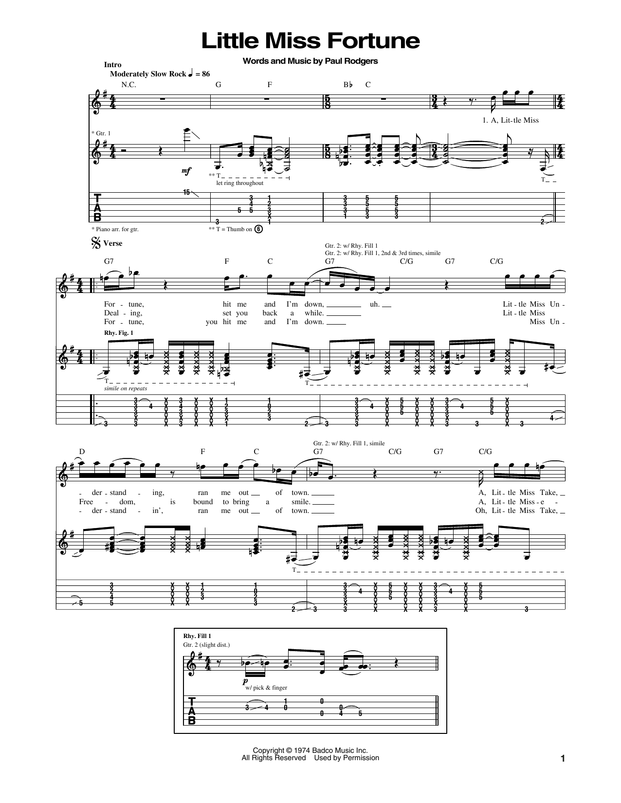 Bad Company Little Miss Fortune sheet music notes and chords arranged for Guitar Tab