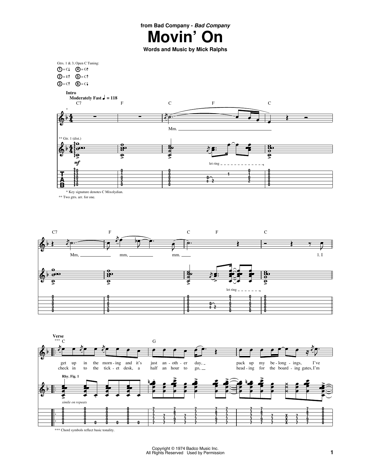 Bad Company Movin' On sheet music notes and chords arranged for Guitar Tab