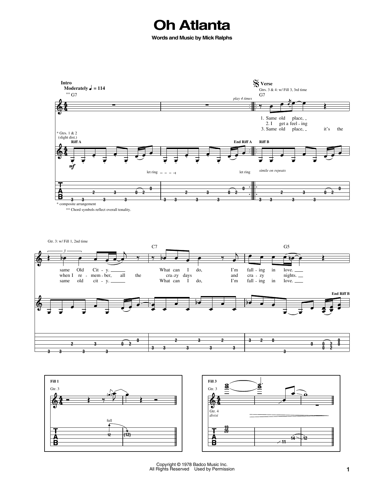 Bad Company Oh Atlanta sheet music notes and chords arranged for Guitar Tab