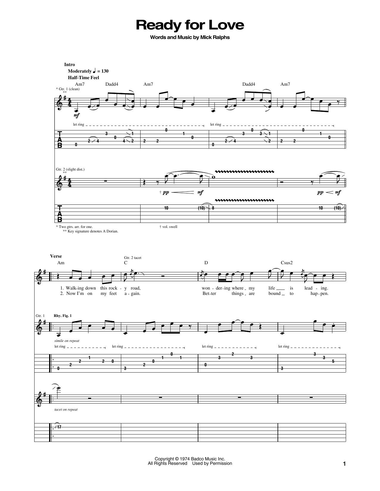 Bad Company Ready For Love sheet music notes and chords arranged for Guitar Tab