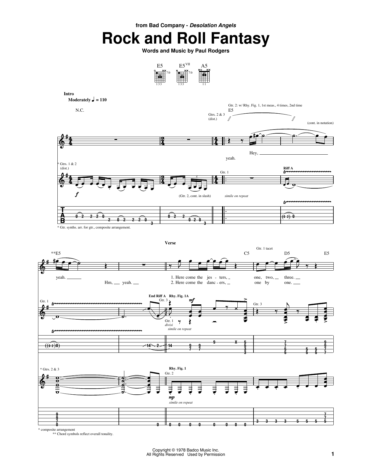 Bad Company Rock And Roll Fantasy sheet music notes and chords arranged for Guitar Tab