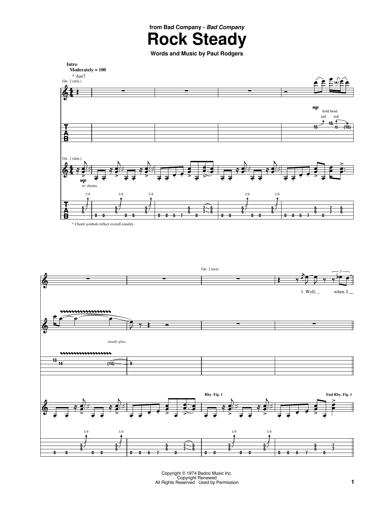 Bad Company Rock Steady sheet music notes and chords arranged for Guitar Tab