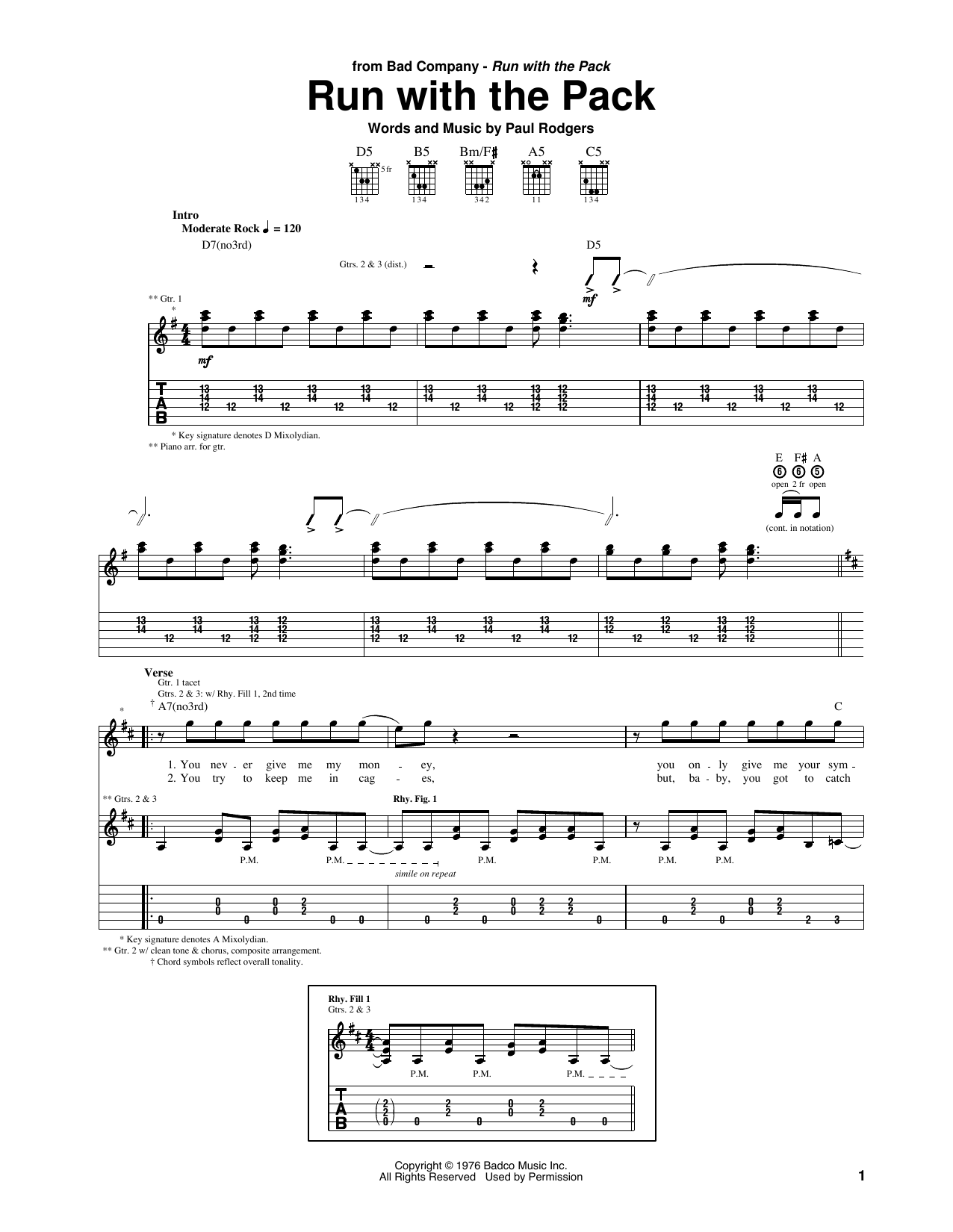 Bad Company Run With The Pack sheet music notes and chords arranged for Guitar Tab