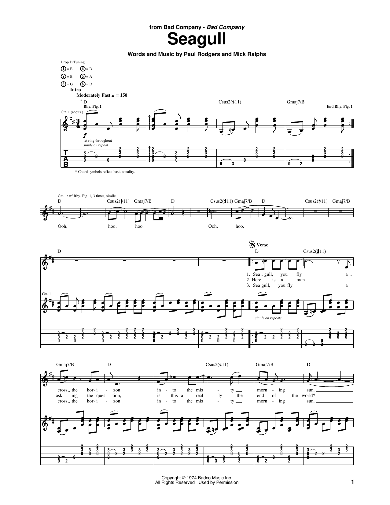 Bad Company Seagull sheet music notes and chords arranged for Guitar Tab