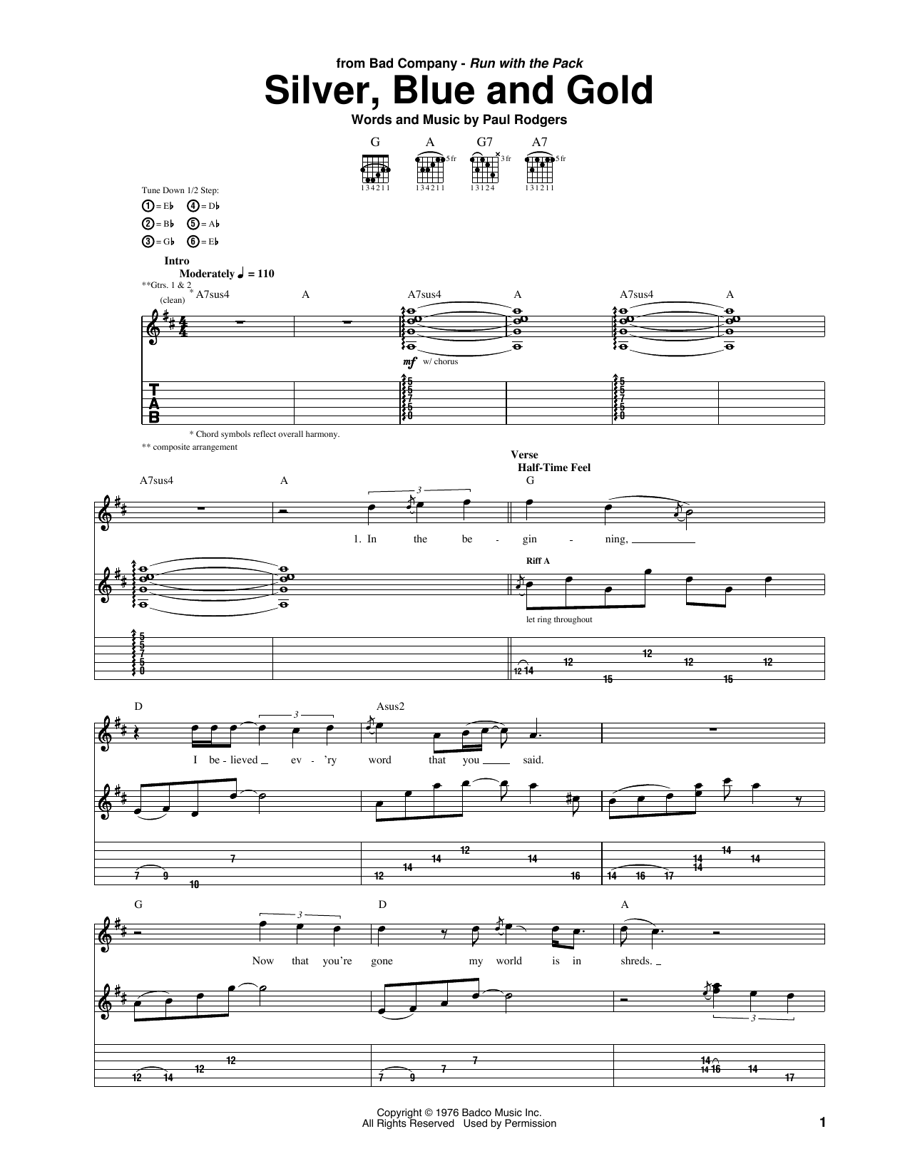 Bad Company Silver, Blue And Gold sheet music notes and chords arranged for Guitar Tab