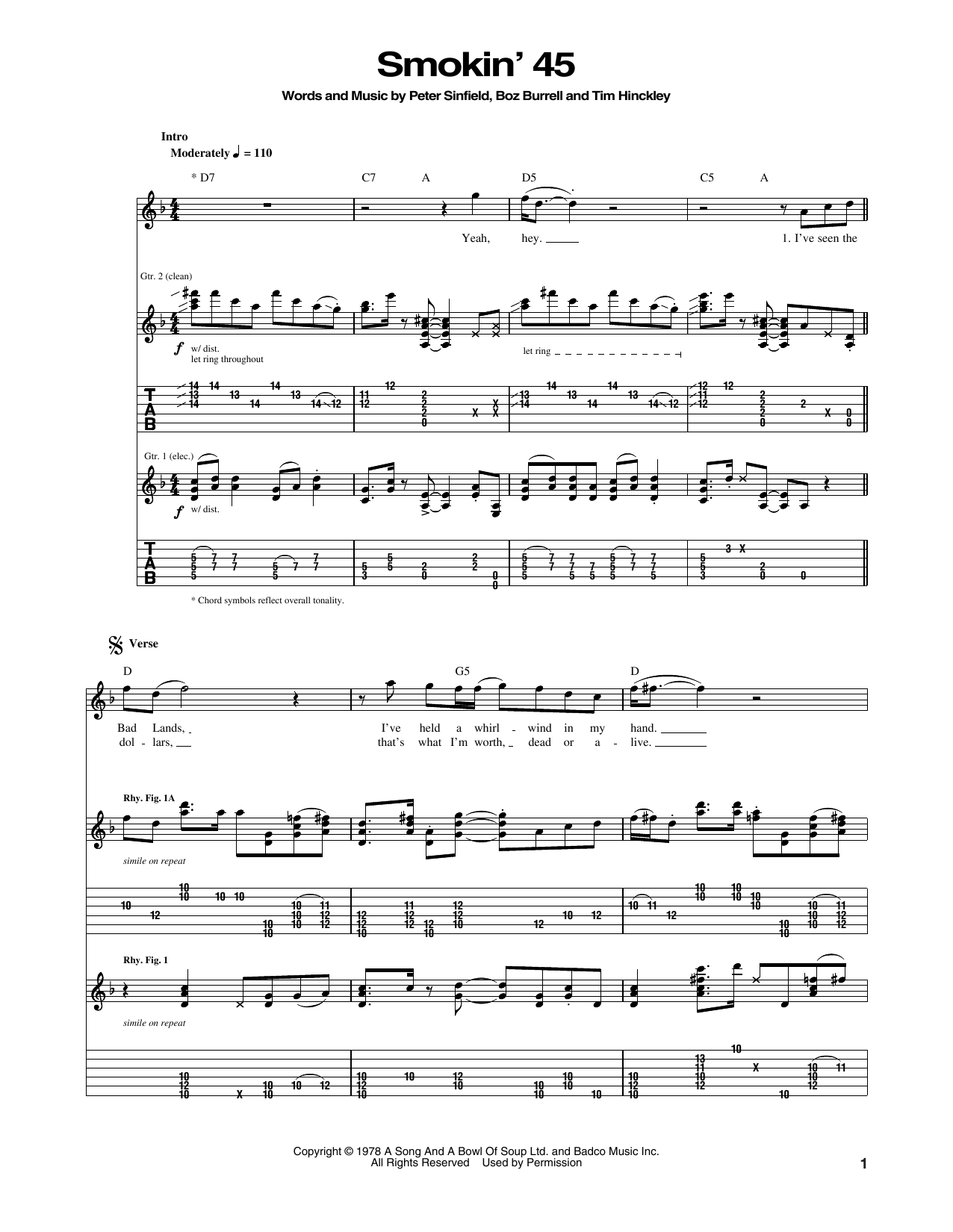 Bad Company Smokin' 45 sheet music notes and chords arranged for Guitar Tab