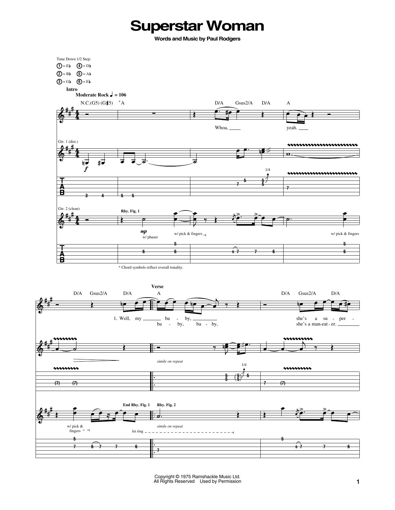 Bad Company Superstar Woman sheet music notes and chords arranged for Guitar Tab