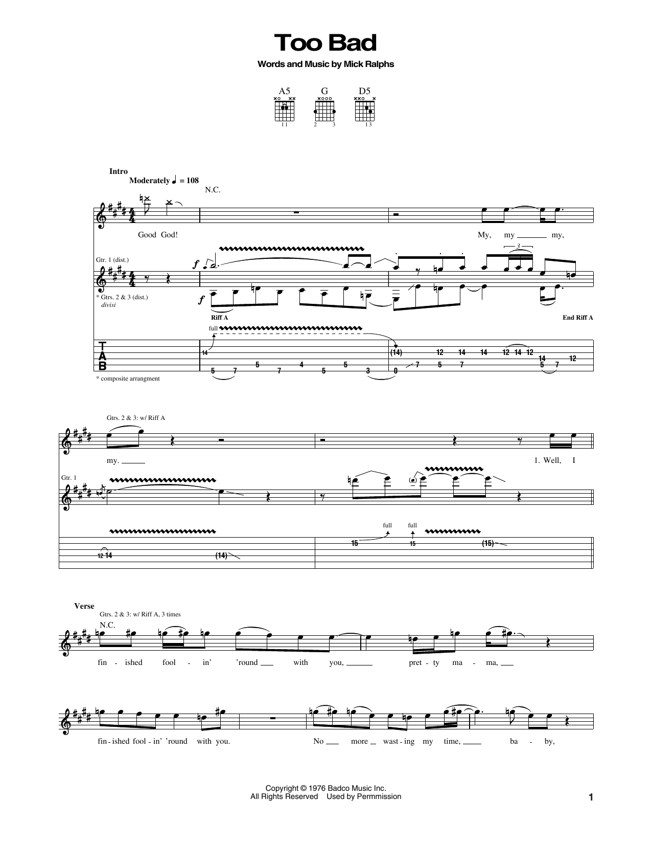 Bad Company Too Bad sheet music notes and chords arranged for Guitar Tab