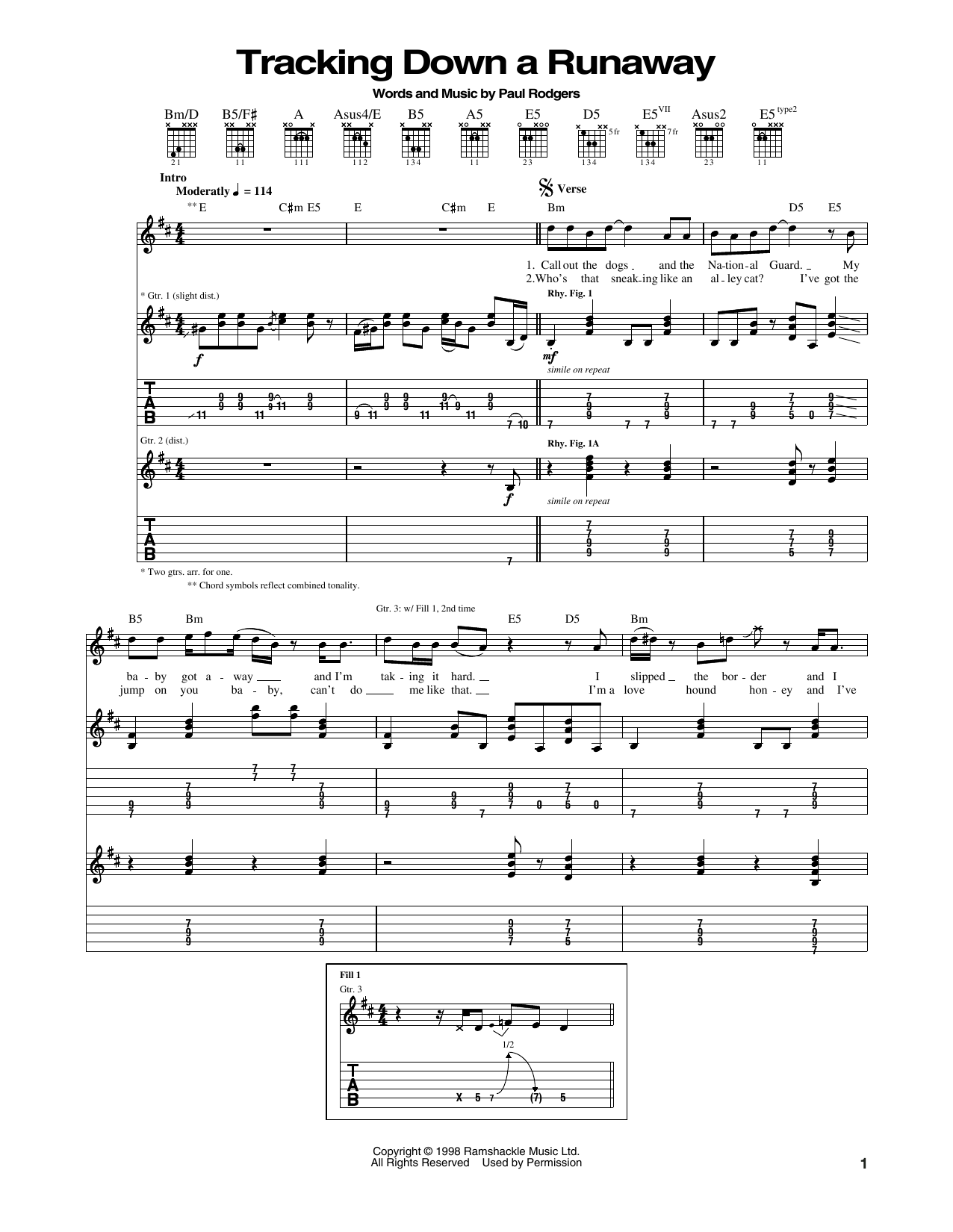 Bad Company Tracking Down A Runaway sheet music notes and chords arranged for Guitar Tab