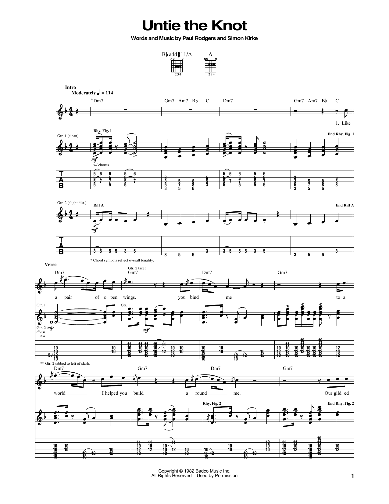 Bad Company Untie The Knot sheet music notes and chords arranged for Guitar Tab