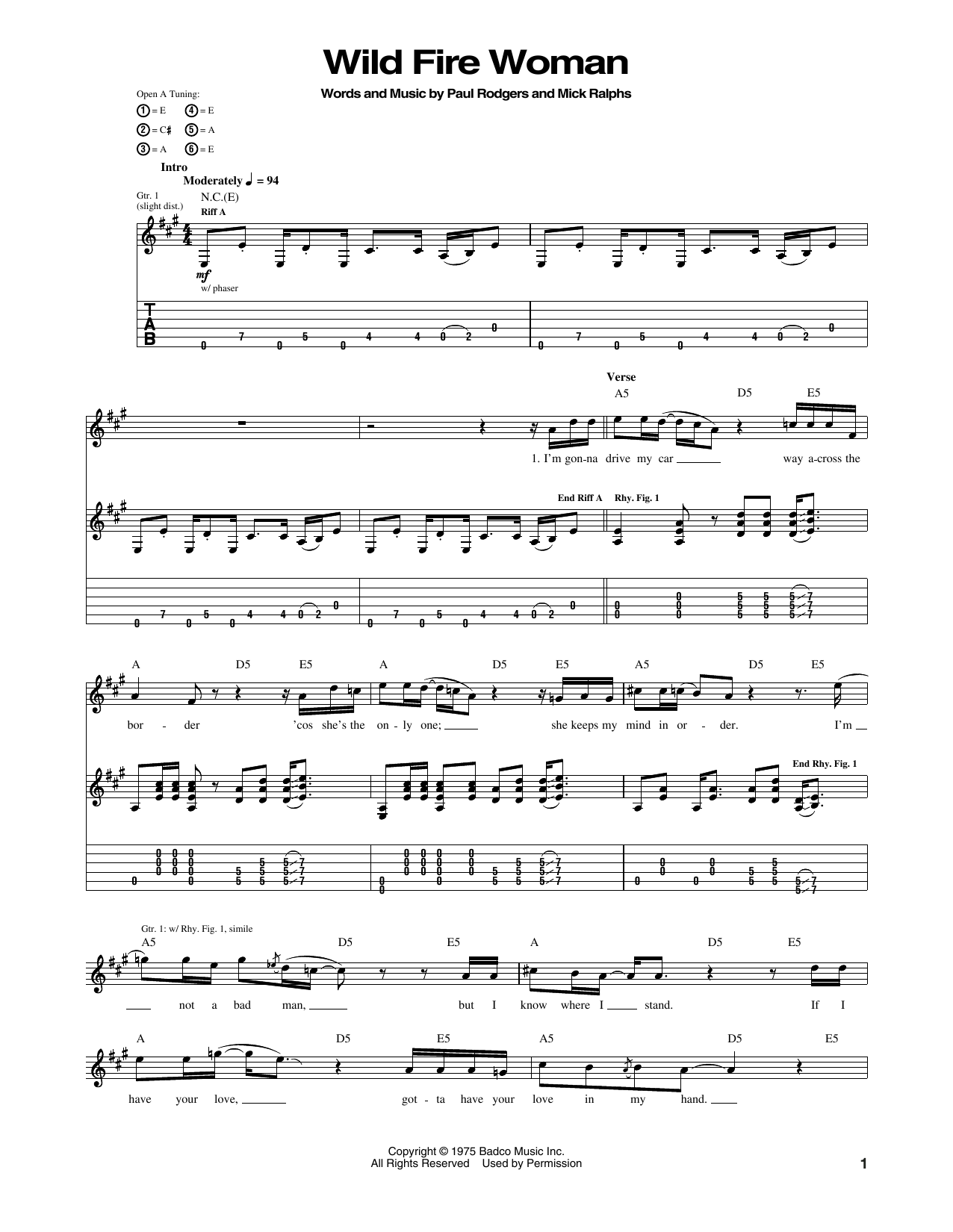 Bad Company Wild Fire Woman sheet music notes and chords arranged for Guitar Tab