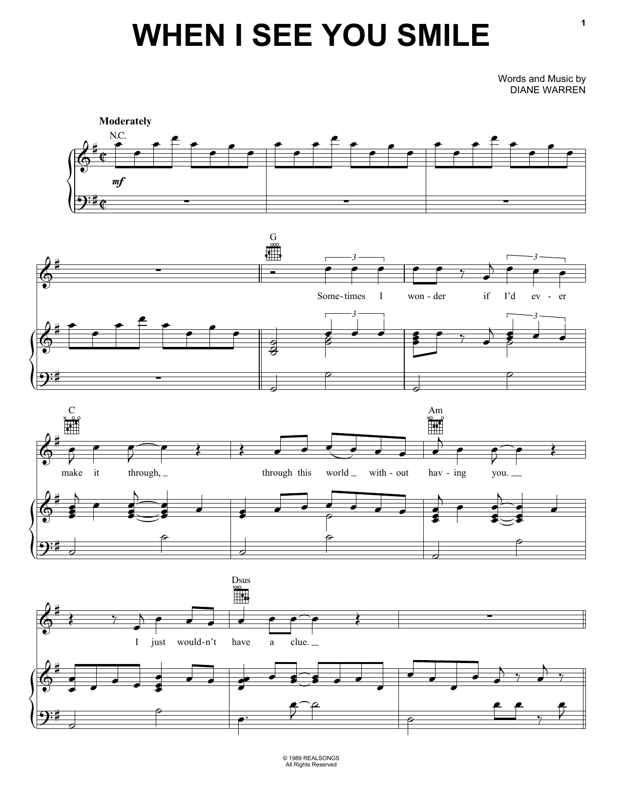 Bad English When I See You Smile sheet music notes and chords arranged for Piano, Vocal & Guitar Chords (Right-Hand Melody)