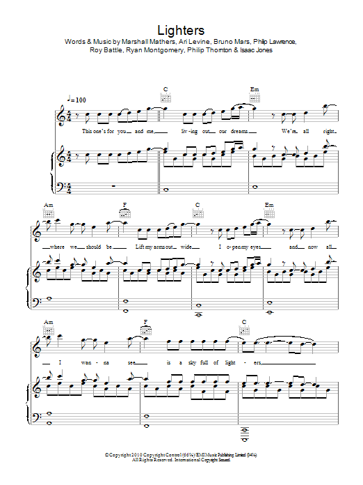 Bad Meets Evil featuring Bruno Mars Lighters sheet music notes and chords arranged for Piano, Vocal & Guitar Chords