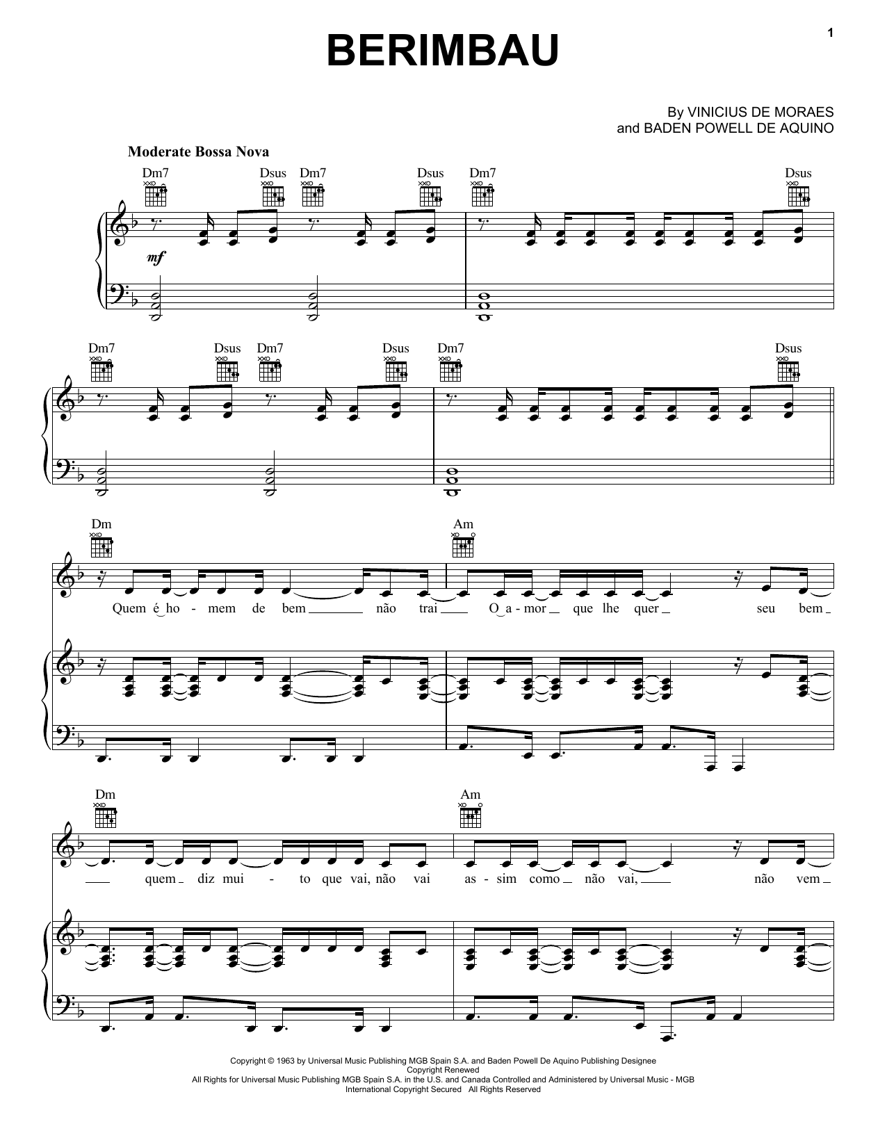 Baden Powell De Aquino Berimbau sheet music notes and chords arranged for Piano, Vocal & Guitar Chords (Right-Hand Melody)