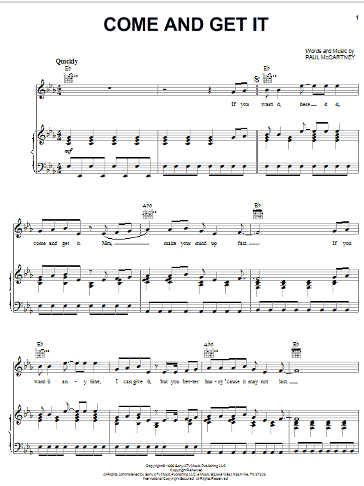 Badfinger Come And Get It sheet music notes and chords arranged for Piano, Vocal & Guitar Chords (Right-Hand Melody)