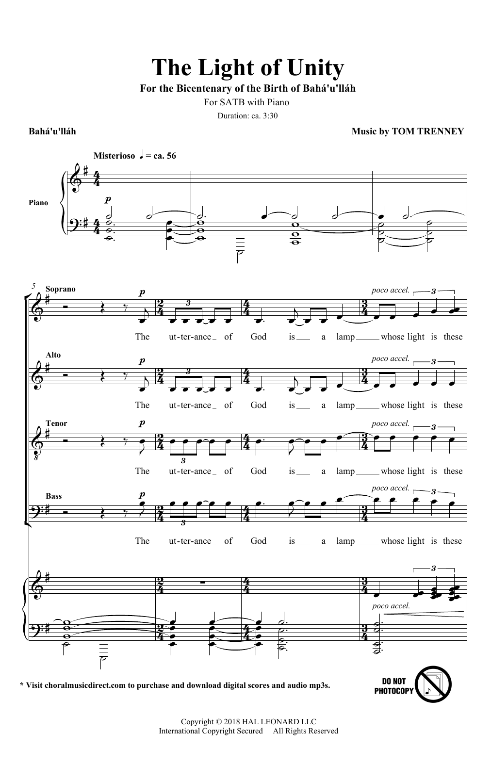 Baha''u''llah & Tom Trenney The Light Of Unity sheet music notes and chords arranged for SATB Choir