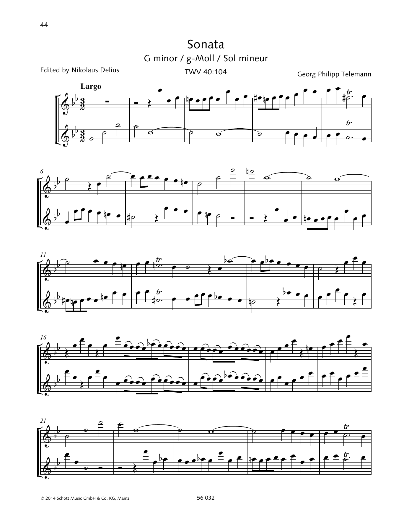 Baldassare Galuppi Sonata G minor sheet music notes and chords arranged for Woodwind Solo